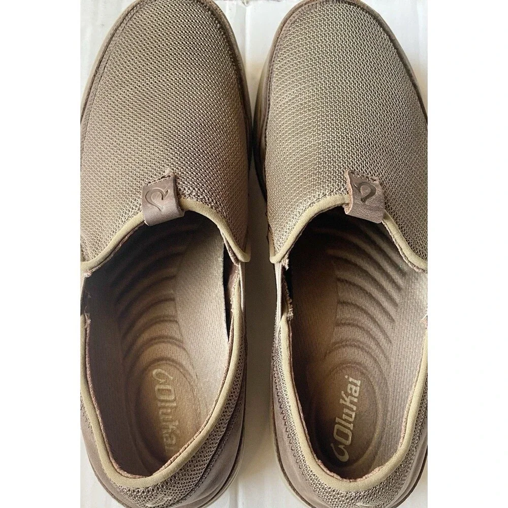Olukai Makia Mens 10.5 Casual Slip On Loafer Mesh Leather Boat Shoe Brown